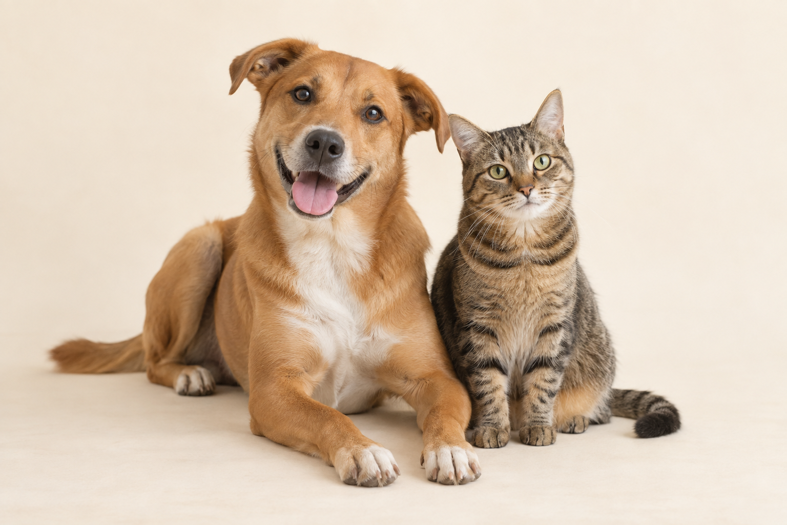 Cachorro caramelo e gato rajado sentados juntos