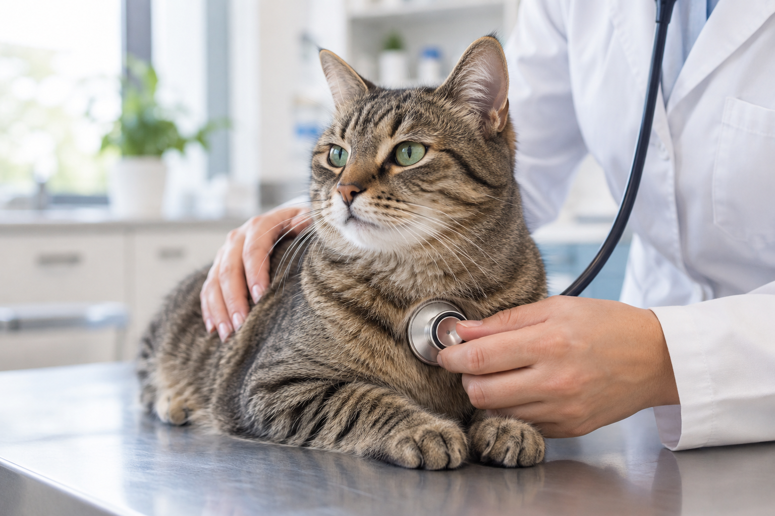 Gato tranquilo recebendo atenção veterinária em uma clínica